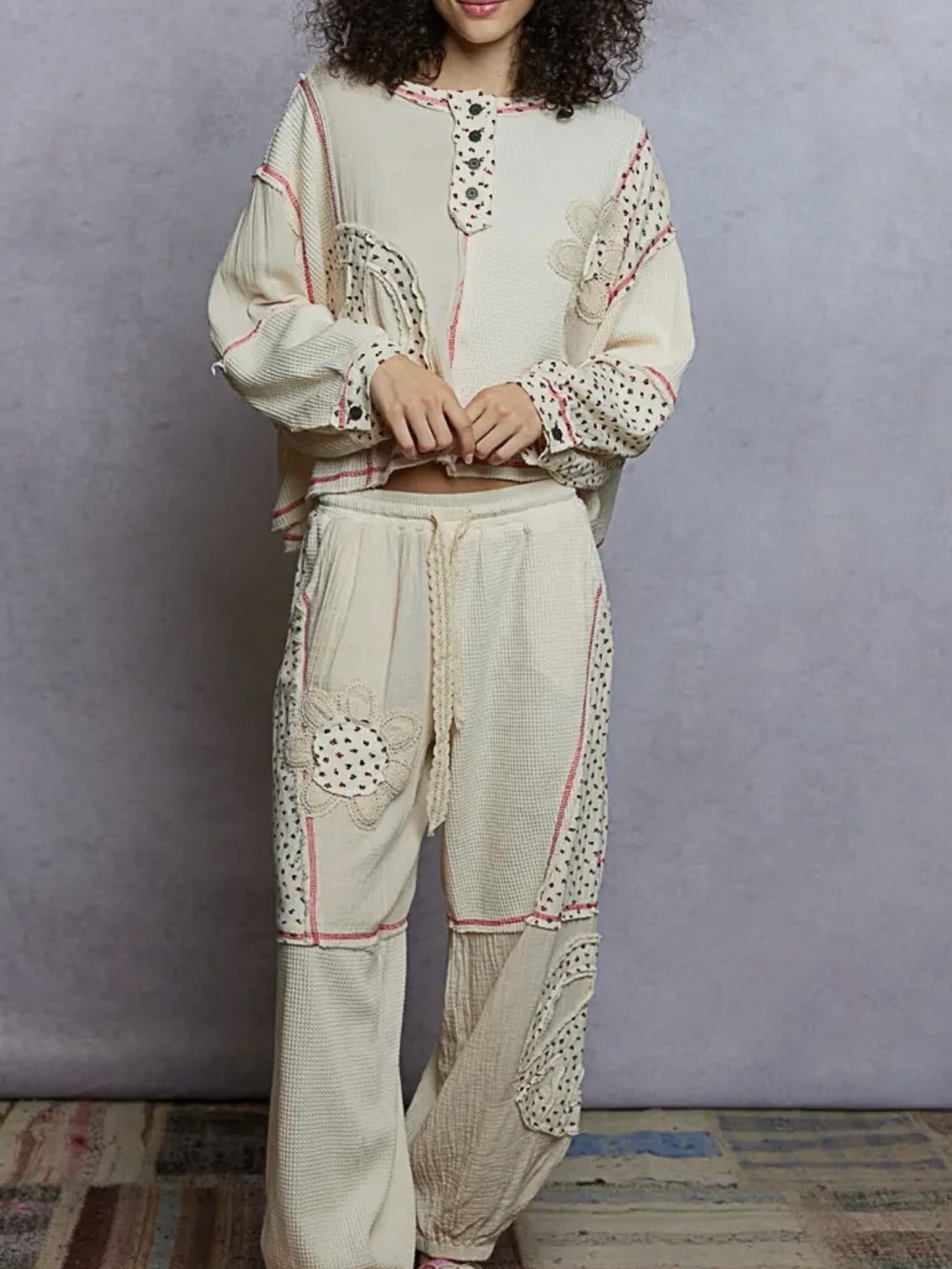POL Cream Double Gauze Mix Patch Floral Thermal Knit PANTS NEW FALL WINTER